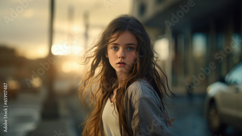 Confused young teenage girl standing on a sidewalk, her eyes looking around uncertainly, framed by the urban setting