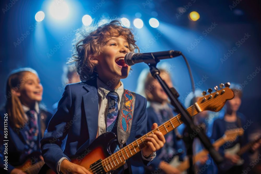 Obraz premium Talented kids shine in a school band, showcasing musical skills with instruments in a captivating performance.