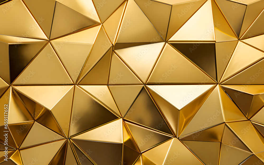 Close-up shot of a geometric pattern with golden triangular facets reflecting light, creating a luxurious and modern abstract background suitable for elegant designs Close-up shot of a geometric pattern with golden triangular facets reflecting light, creating a luxurious and modern abstract background suitable for elegant designs