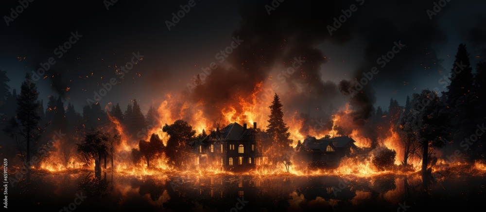 Burning house and trees on fire in abstract black background property accident insurance and force majeure concept