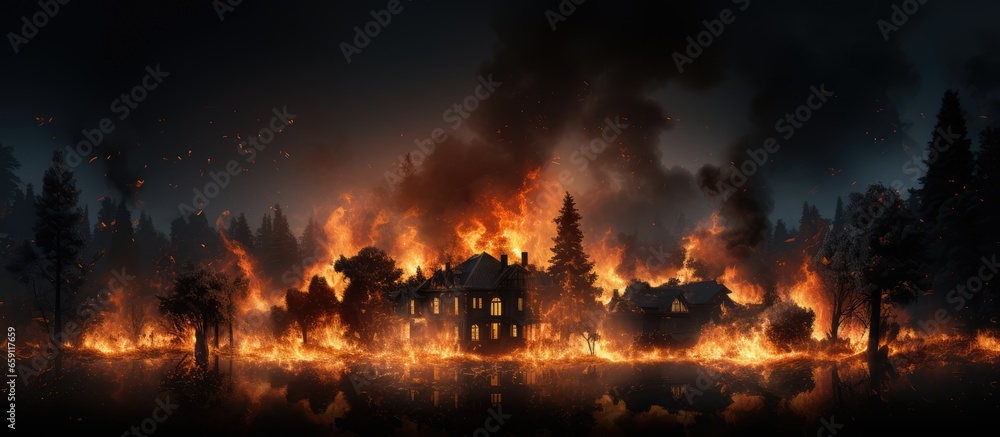 Burning house and trees on fire in abstract black background property accident insurance and force majeure concept Burning house and trees on fire in abstract black background property accident insurance and force majeure concept