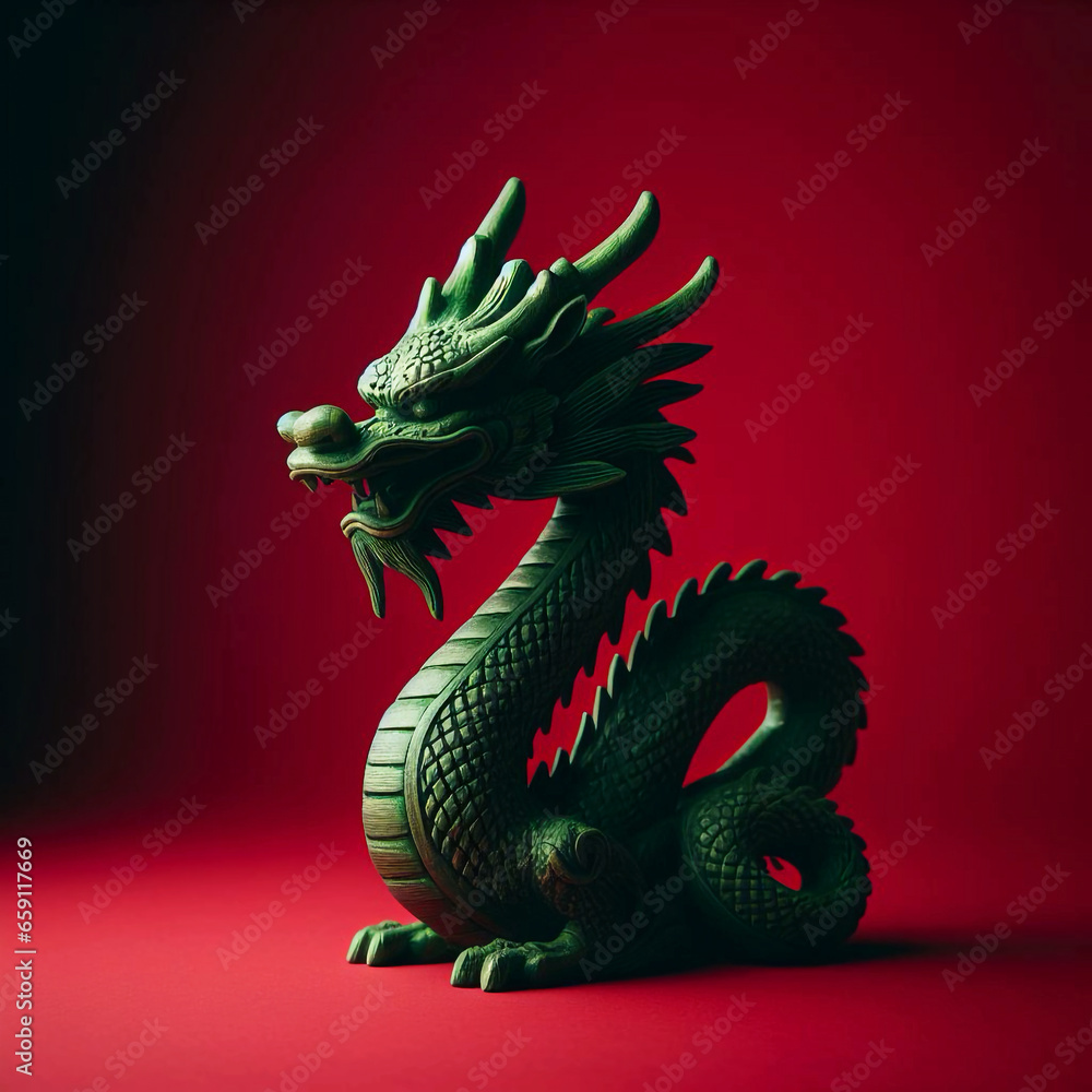 Obraz premium Wooden figurine, symbol of the year 2024. Green wooden dragon. Red background. Generative AI.