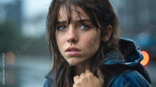 Close-up of a teenage girl with gray eyes looking directly into the camera with expression of worry and sadness, against the wet backdrop of rain © ChaoticDesignStudio