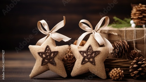 small burlap christmas ornaments with lace and ribbon, in the style of symmetrical asymmetry, aykut aydogdu, eye-catching, combining natural and man-made elements, festive atmosphere. photo