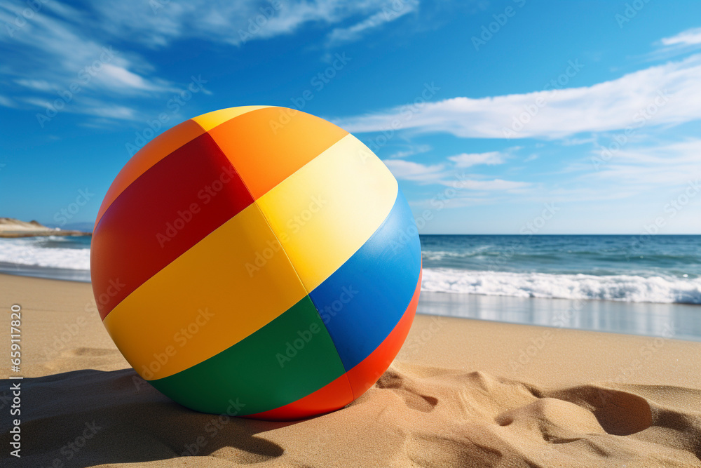 rainbow colorful beach ball on the sunny beach with blue skies background