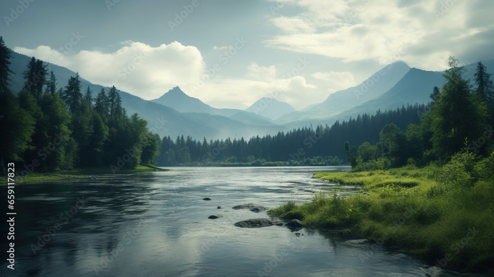  a river running through a lush green forest filled with trees.  generative ai
