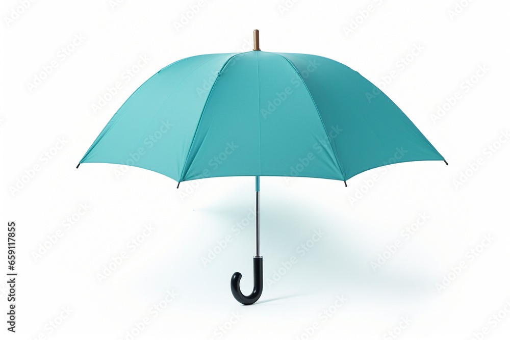 turquoise open umbrella on white isolated background 