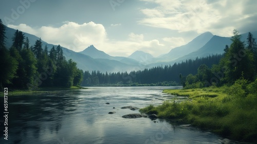  a river running through a lush green forest filled with trees. generative ai