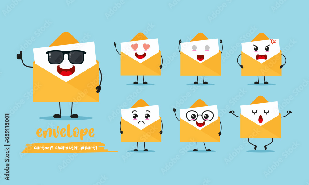 cute envelope cartoon with many expressions. postcard different activity pose vector illustration flat design set with sunglasses.