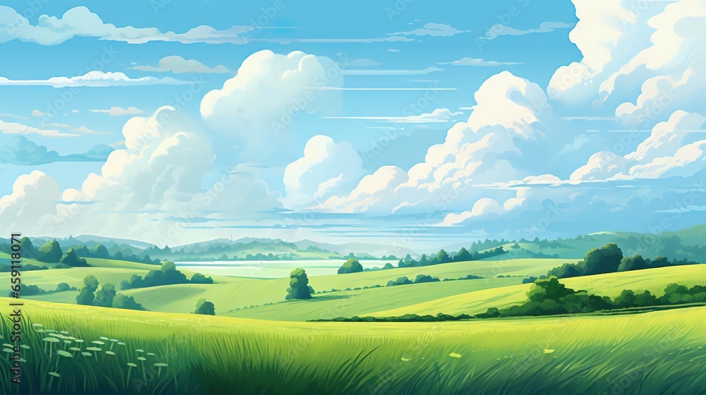  a painting of a green field with clouds in the sky.  generative ai