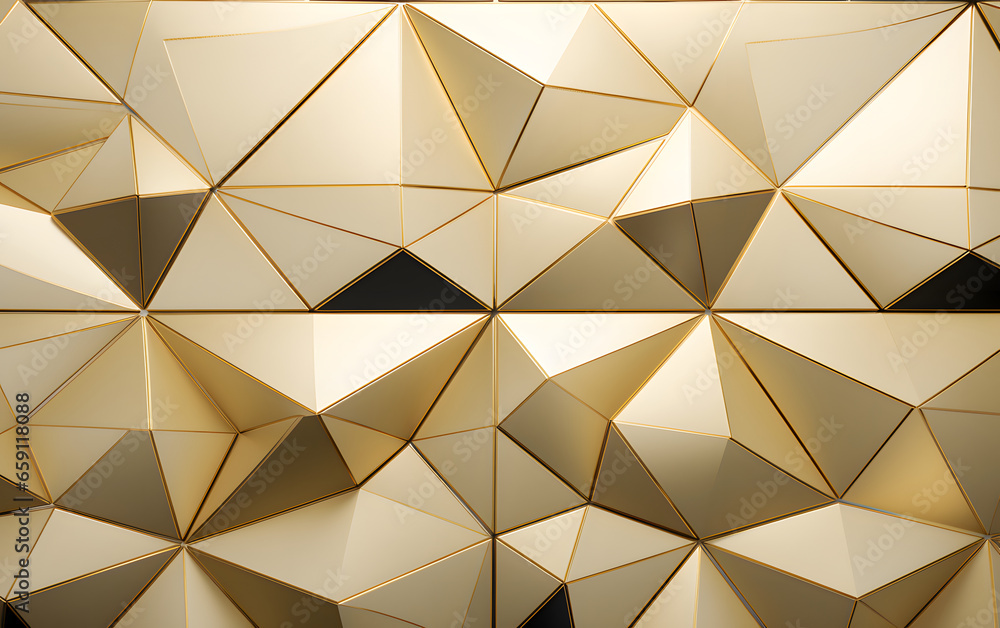 A gold foil wall with triangles. The wall is made of gold and has a shiny, reflective surface. The triangles are arranged in a way that creates a sense of depth and movement A gold foil wall with triangles. The wall is made of gold and has a shiny, reflective surface. The triangles are arranged in a way that creates a sense of depth and movement