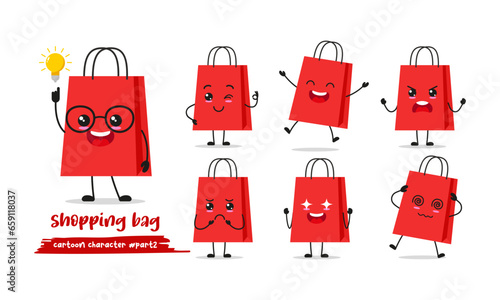 cute shopping bag cartoon with many expressions. paper bag different activity pose vector illustration flat design set.