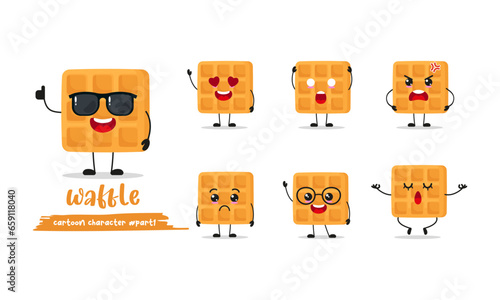 cute waffle cartoon with many expressions. pancake different activity pose vector illustration flat design set with sunglasses.