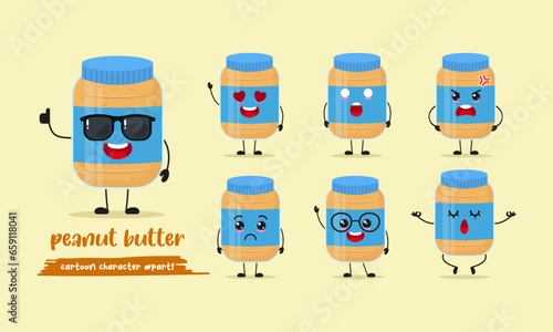 cute peanut butter cartoon with many expressions. food different activity pose vector illustration flat design set with sunglasses.