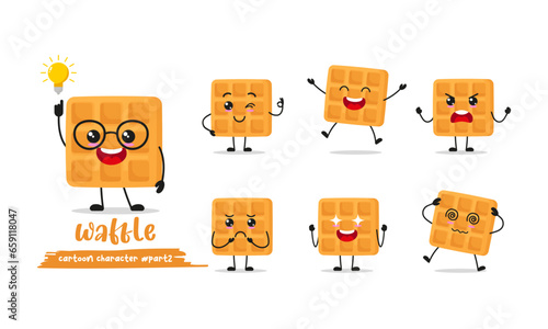 cute waffle cartoon with many expressions. pancake different activity pose vector illustration flat design set.