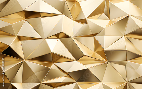 Fototapeta Naklejka Na Ścianę i Meble -  A gold foil wall with triangles. The wall is made of gold and has a shiny, reflective surface. The triangles are arranged in a way that creates a sense of depth and movement