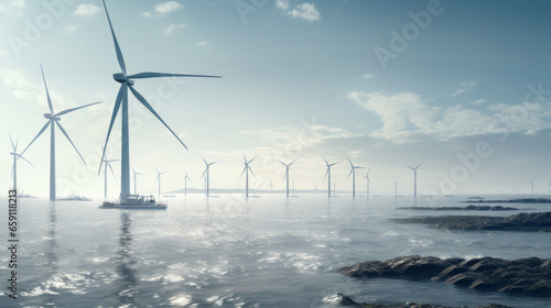 An offshore wind turbine installation, with giant cranes setting up wind turbines at sea