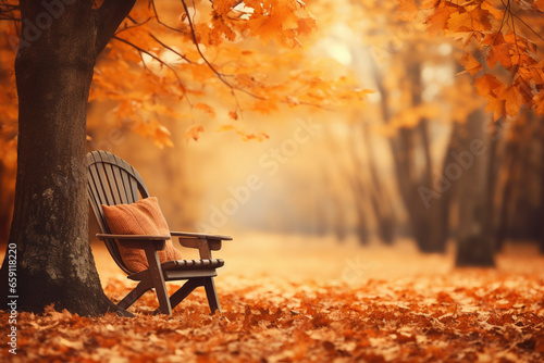 wooden chair in autumn park, leaves on the ground, warm orange and yellow tones
