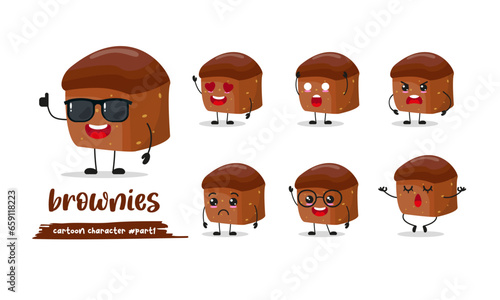 cute brownies cartoon with many expressions. bakery different activity pose vector illustration flat design set with sunglasses.