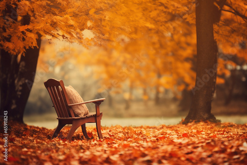 wooden chair in autumn park, leaves on the ground, warm orange and gold tones
