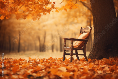 bench in autumn park, leaves on the ground, warm orange and yellow tones