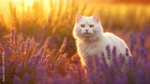 White Cat Amidst Lavender Blooms