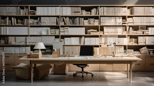 An office with a large desk a few filing cabinets and a bookshelf filled with books