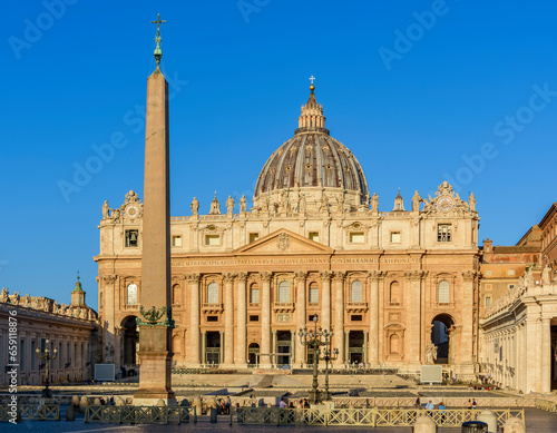 St. Peter's Basilica on Saint Peter's square in Vatican, center of Rome, Italy (translation "In honor of prince of Apostles; Paul V Borghese, Pope, in year 1612 and 7th year of his pontificate)