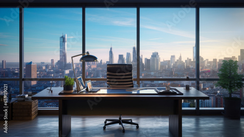 An office with a large wooden desk a chair and a big window overlooking a city skyline