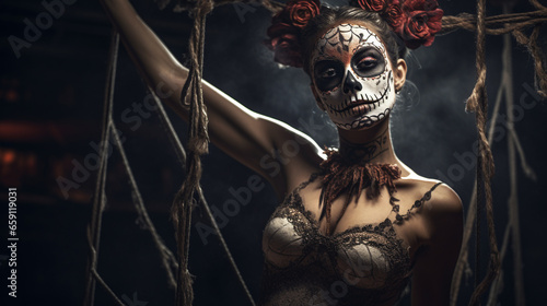 Young woman in a revealing top on ropes dressed for Day of the Dead celebrations with elaborate makeup including a face paint with subdued colors, black eyes, and a bouquet of red roses