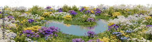 Field of colorful flowers on the lake, Flowres on the garden in springtime with isolated on transparent background - PNG file, 3D rendering illustration #659119085