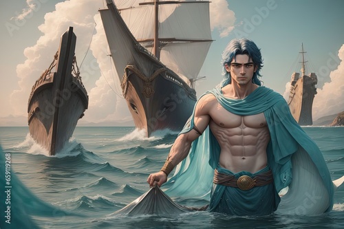 ulysses hero tied to the ship with ropes and the singing siren, greek mytology scene cartoon illustration the singing siren greek mythology tale photo