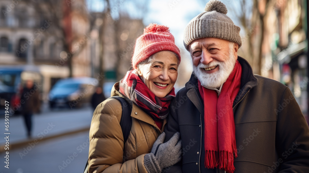 portrait of an elderly couple wrapped in warm coats and hats on the street, generated by AI portrait of an elderly couple wrapped in warm coats and hats on the street, generated by AI