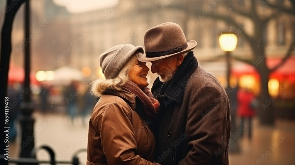 an elderly couple happy in love Wrapped in warm coats on a cold day on the street, generated by IA