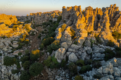 Unreal rock formation and landscape of Torcal de Antequera in Malaga, Andalusia, Spain. Aerial drone View