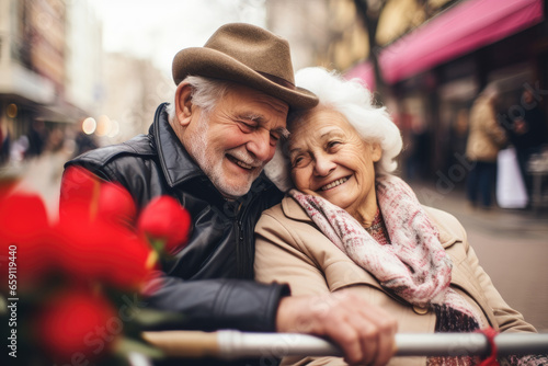 a happy senior couple Wrapped in warm coats in an embrace on a cold day, generated by AI
