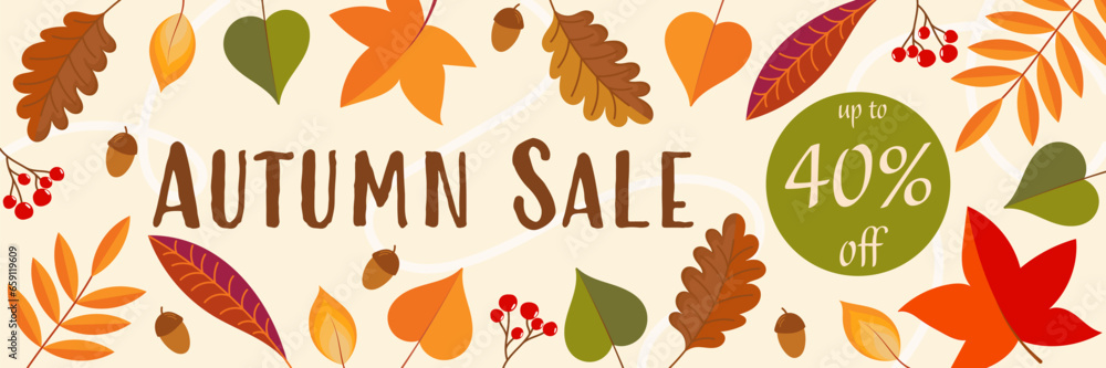 Autumn Sale up to 40% off - Schriftzug in englischer Sprache - Herbstschlussverkauf bis zu 40% Rabatt. Verkaufsbanner mit bunten Blättern, Eicheln und Beeren. Autumn Sale up to 40% off - Schriftzug in englischer Sprache - Herbstschlussverkauf bis zu 40% Rabatt. Verkaufsbanner mit bunten Blättern, Eicheln und Beeren.
