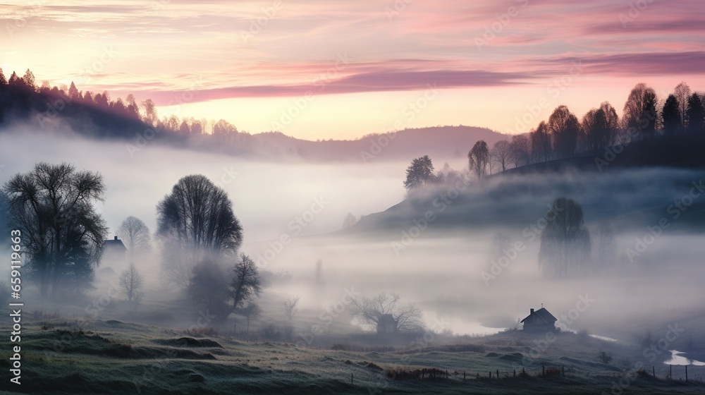 a foggy landscape with a house in the middle of it. generative ai a foggy landscape with a house in the middle of it. generative ai