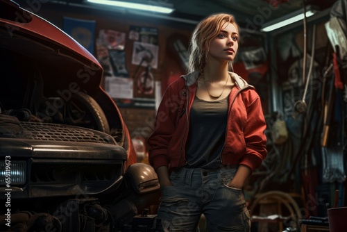 Diligent Car mechanic sexy woman garage. Motor inspection. Generate Ai