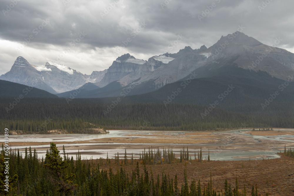 Vast wetlands surrounded by mountain peaks in a valley of the Canadian Rockies
