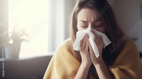 Unhealthy woman wrapped blanket blowing feeling flu sneeze runny nose allergy flu cough cold sneezing at home.