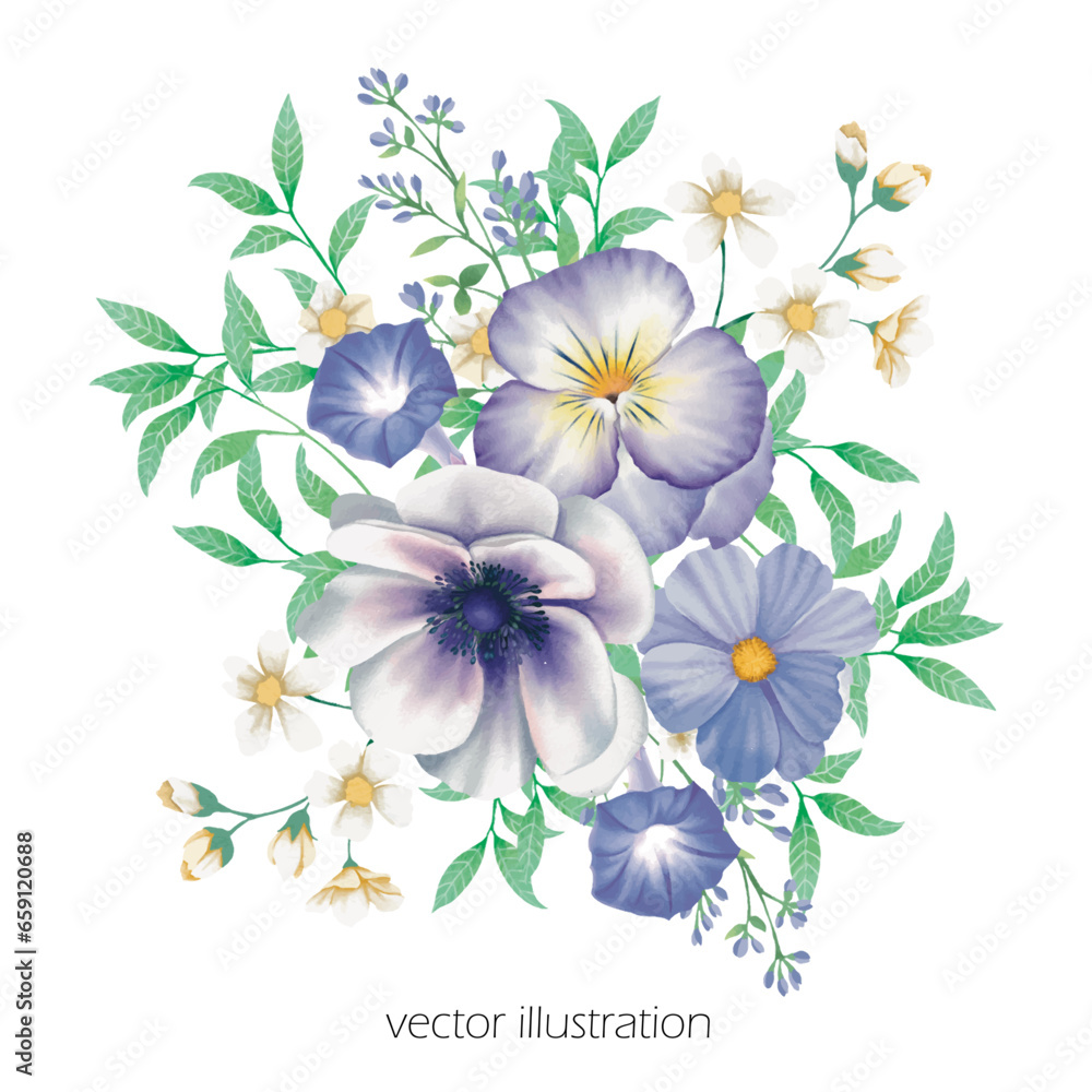 Watercolor bouquet of bule flowers 