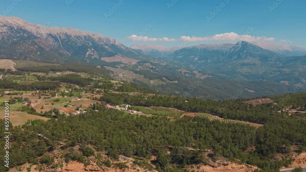 Amazing aerial landscape with mountains, woods on slopes, fields and road in Turkey. Tourism and destinations, beauty on nature in Turkey Amazing aerial landscape with mountains, woods on slopes, fields and road in Turkey. Tourism and destinations, beauty on nature in Turkey