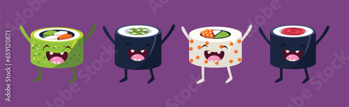 Cute Sushi and Rolls Kawaii Character with Smiling Face Vector Set