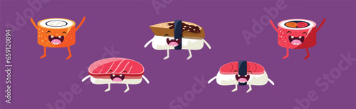 Cute Sushi and Rolls Kawaii Character with Smiling Face Vector Set