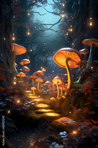 Enchanted Grove: Whimsical Forest Filled with Glowing Mushrooms and Mystical Creatures