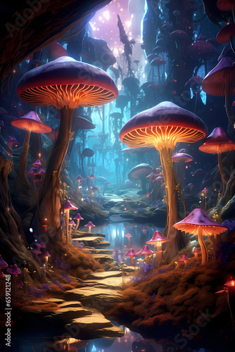 Enchanted Grove  Whimsical Forest Filled with Glowing Mushrooms and Mystical Creatures