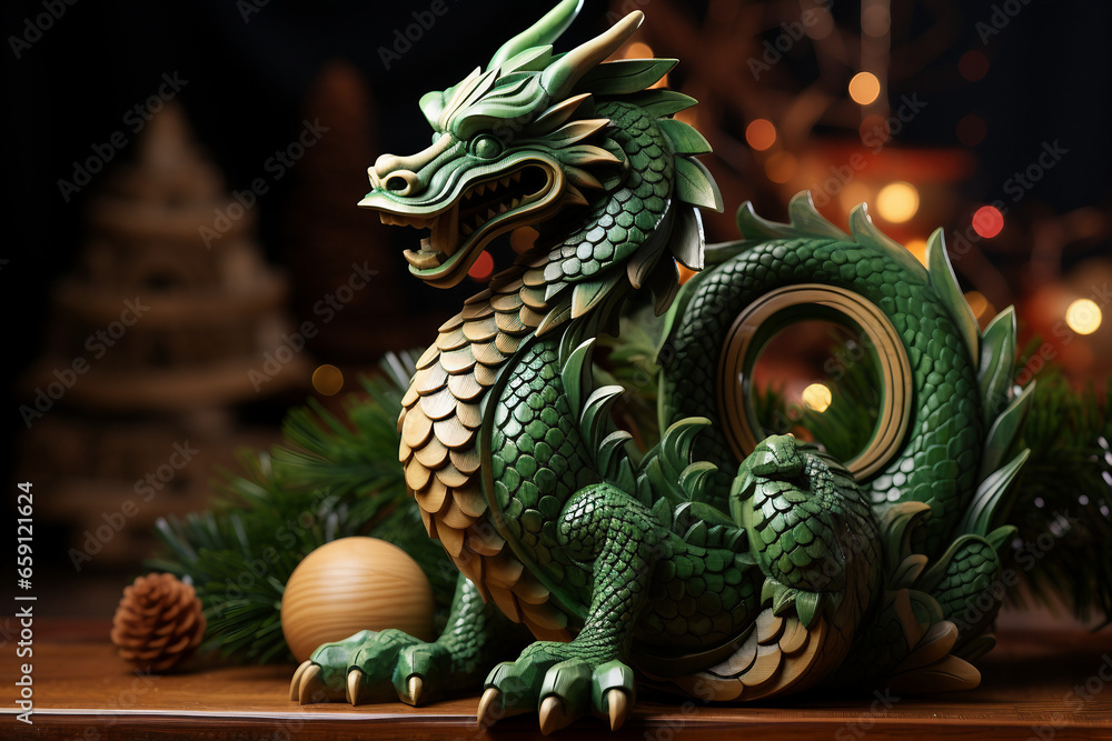 Fototapeta premium Vibrant 2024 - Festive Green Wooden Dragon Celebrating New Year and Christmas
