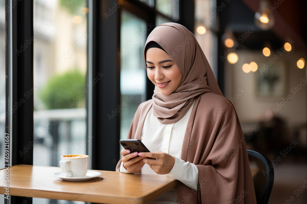 muslim woman looking phone and drinking cafe in bar muslim woman looking phone and drinking cafe in bar