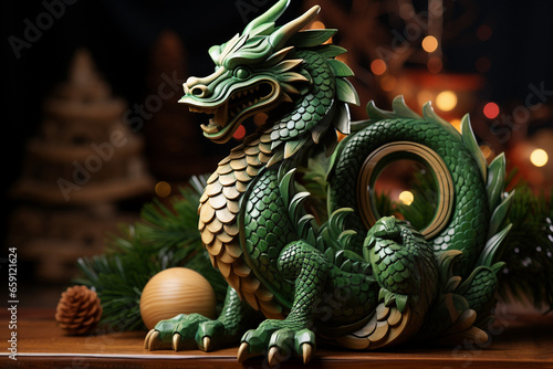 Vibrant 2024 - Festive Green Wooden Dragon Celebrating New Year and Christmas